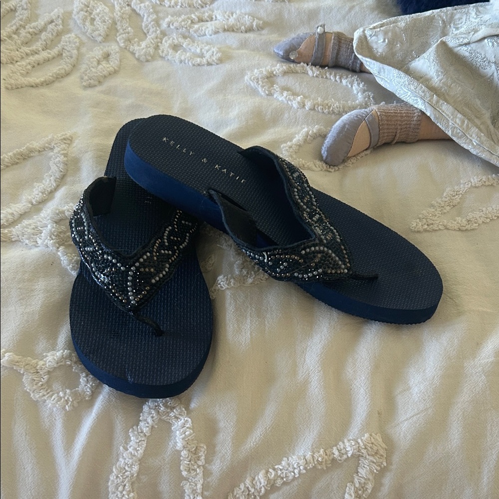 Kelly & Katie Navy Beaded Wedge Flip Flops